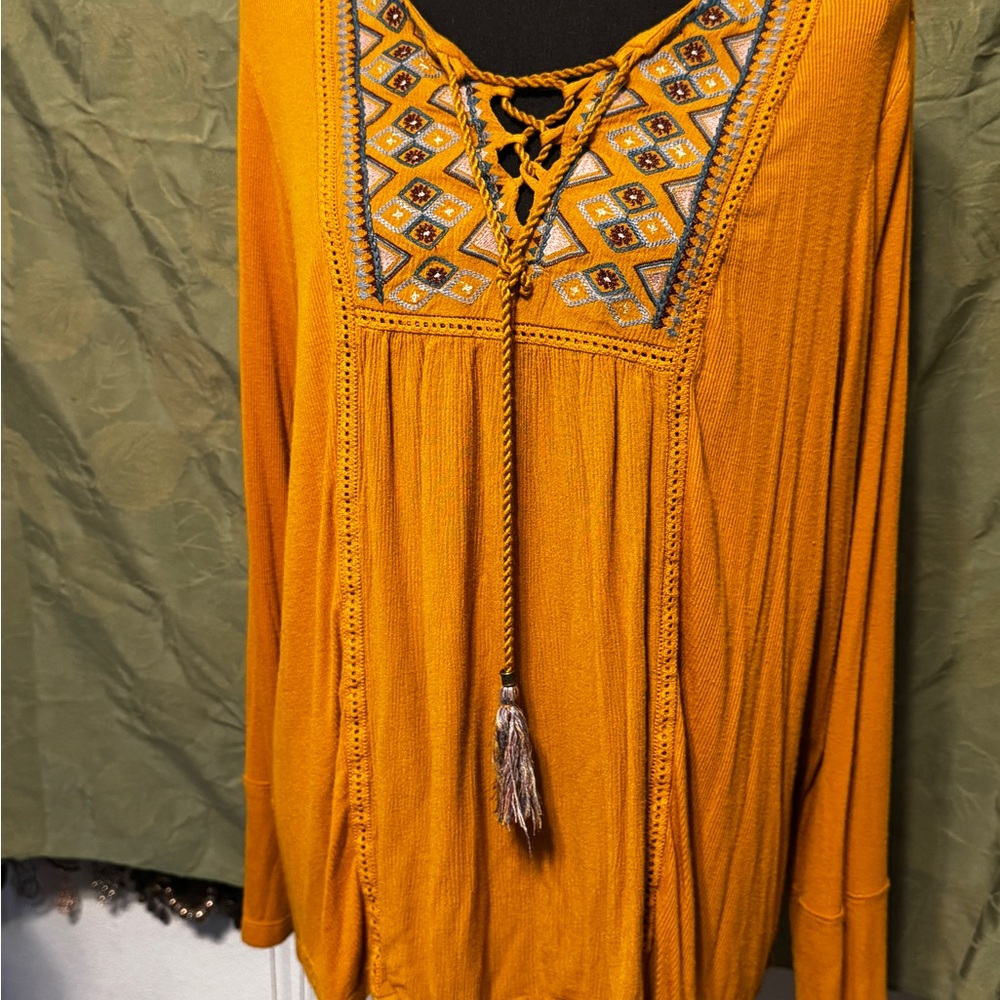 Embroidered Mustard Yellow Women’s Bohemian Tunic Top Tie Front Sz XL
